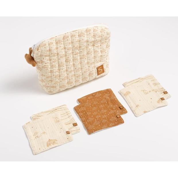 Trousse de toilette + 6 carrés éponges Orsino - Beige SAUTHON Baby déco