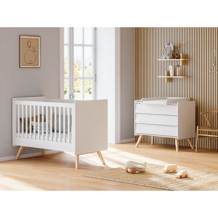 Chambre duo lit 60x120 cm + Commode Vintage - Blanc/chêne VOX